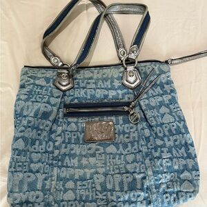 Coach Poppy Graffiti Denim Blue Tote with Silver Accents